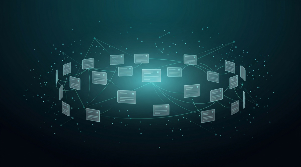 App review cards floating in a connected constellation