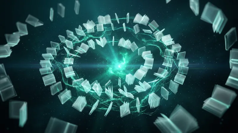 Floating translucent books forming a knowledge constellation