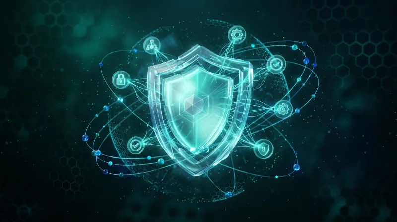 Glowing shield with data nodes representing safety analysis
