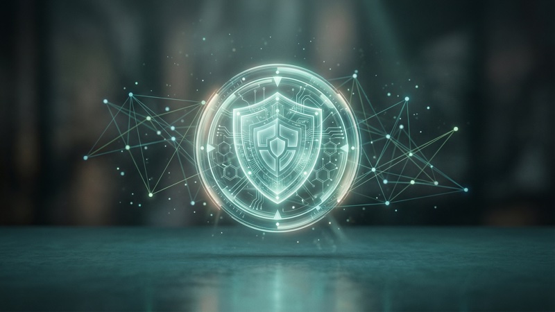Glowing shield with data nodes representing safety analysis